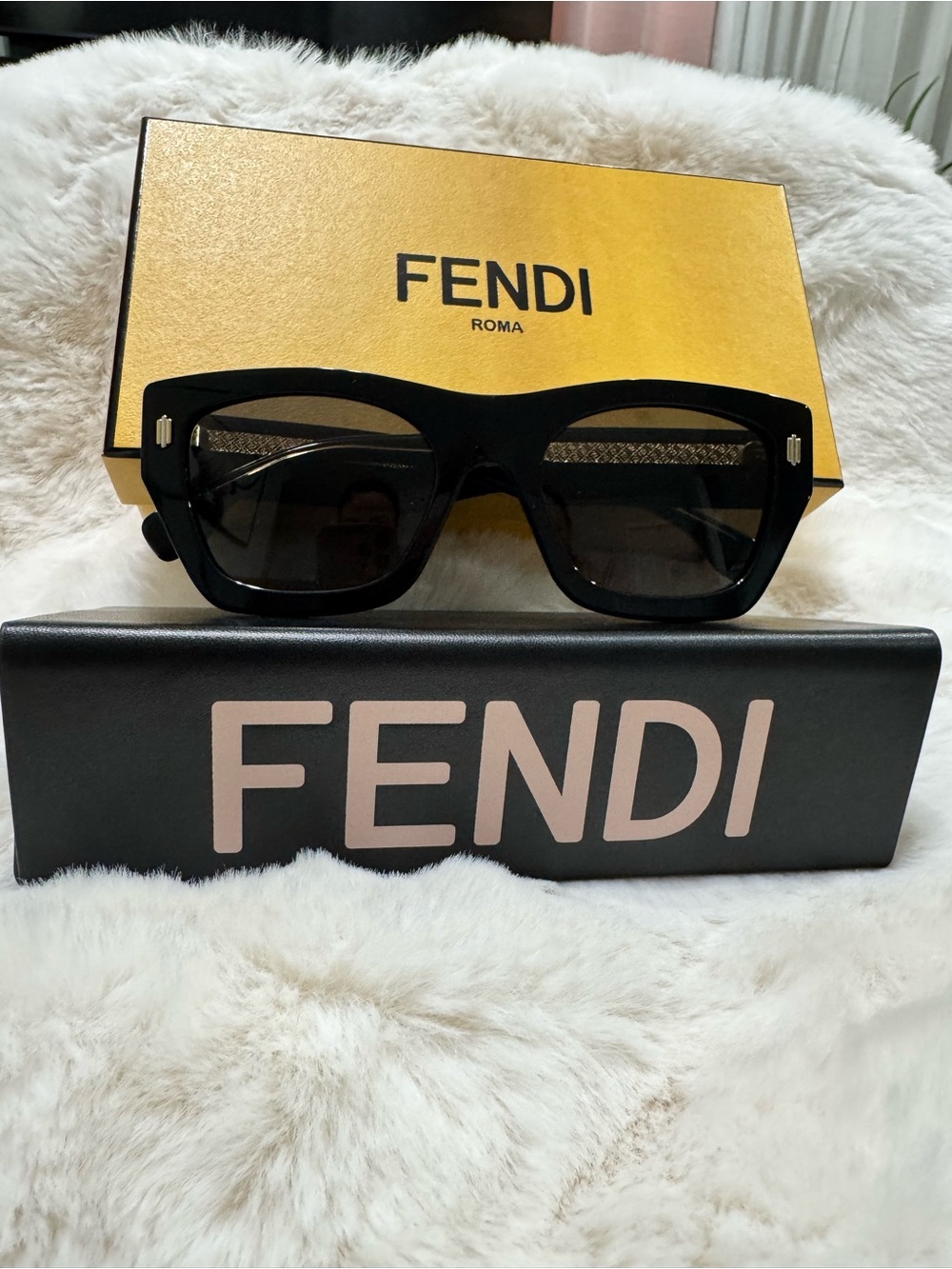 Fendi Bold Black Square Sunglasses with Dark Lenses